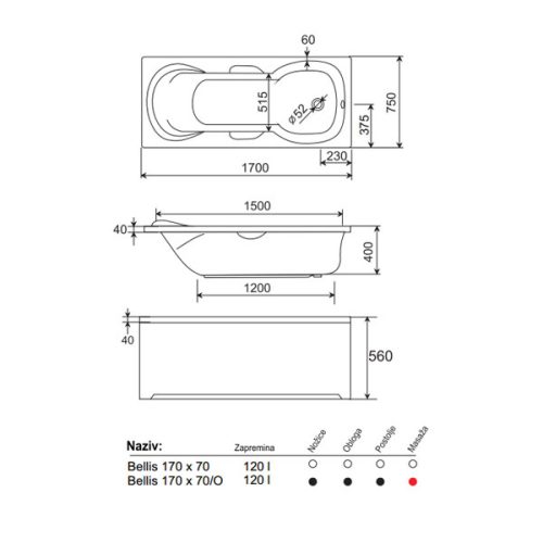Kada anatomska bijela PVC 170×75 cm HIDRA BELLIS (8231)